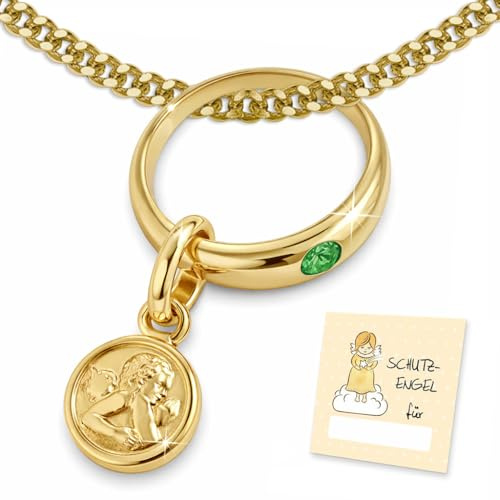 CLEVER SCHMUCK Taufkette Gold mit Schutzengel Taufring grün mit Panzerkette 36 cm Sterling Silber vergoldet 925 im Etui Taufe