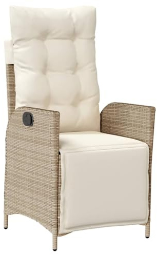 HFMDRMU Verstellbarer Gartensessel mit Fußteil, Poly Rattan Sessel beige, mit dick gepolsterten Kissen und abnehmbarem, waschbarem Bezug, robuster pulverbeschichteter Stahlrahmen, max.