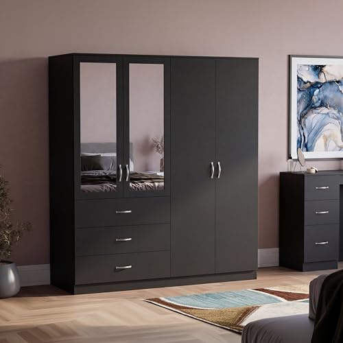 Vida Designs Riano 4 Door 3 Drawer Mirrored Wardrobe | Black | Modern Bedroom Furniture | 175H x 154W x 54D cm | With Storage Shelf & Hanging Rail | Large Capacity Storage