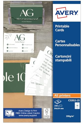 Avery Italia C32011-25 C32011-25 Biglietti da Visita Stampabili, 10 Biglietti per Foglio, Confezione da 25 Pezzi, Bianchi, Stampanti Laser