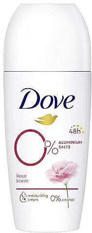 Dove Deodorant Roll-On Rosenduft 0% Deo ohne Aluminiumsalze mit 1/4 Pflegecreme und 48 Stunden Schutz 50 ml 1 Stück