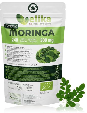 Moringa Oleifera Elikafoods® BIO. 240 comprimés 500 mg. Super aliment naturel: vitamines, protéines, minéraux, antioxydants. Energisant naturel. Végétalien, sans gluten et sans additifs.