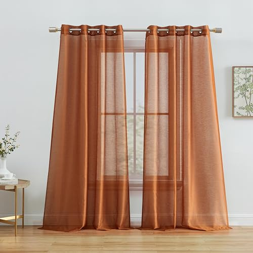 HLC.ME 2 Piece Thick Premium Semi Sheer Voile Window Curtain Grommet Panels for Bedroom & Living Room (54 W x 84 L, Rust Orange)