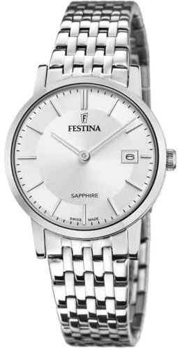 Festina Swiss Made Reloj Mujer Analógico de Acero Inoxidable 316l Plateado - Movimiento de Cuarzo - Cristal Zafiro Resistente - Resistente al Agua 5 ATM - Calendario F20019/1 - Classic Steel