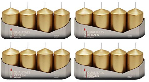 Ebersbacher Kerzenfabrik GmbH Stumpenkerzen Gold lackiert, 16 Stück (4 x 4 Stück), Größe ca. 50 x 80 mm Adventskerzen Weihnachtskerzen Säulenkerzen