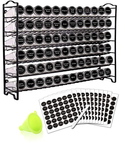 SWOMMOLY Spice Rack Organizer with 72 Empty Square Spice Jars, 340 Spice Labels with Chalk Marker and Funnel Complete Set,for Countertop,Cabinet or Wall Mount, Black