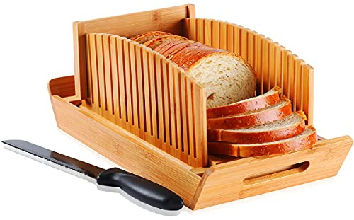 Kiss Core Bread Slicer for Homemade Bread, Bamboo Loaf Cutter with Knife and Crumb Catcher, Adjustable Foldable and Compact Cutting Guide 3 Size Slicing Guide