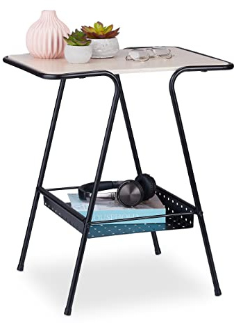Relaxdays Beistelltisch mit Magazinablage, Metall, MDF, Tischplatte in Holzoptik, Beitisch HBT 55x45x35cm, schwarz/Natur