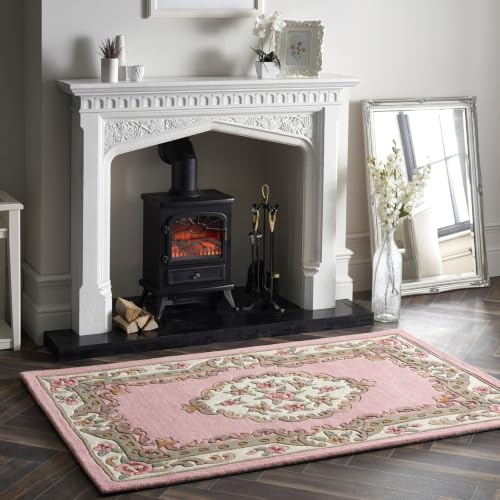 Lord of Rugs Lotus Premium Traditional Rug Aubusson Wool Heavy Thick Floral Hand Tufted Classic Rug Pink X-Small 60x120 cm (2'x3'11''')