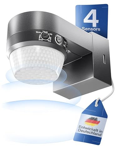 HUBER Motion 100 Rilevatore di movimento a infrarossi a 360° con 4 sensori e lente Fresnel, sensore di movimento IP65, adatto a LED, con protezione anti-strisciamento e limitazione dell'area,