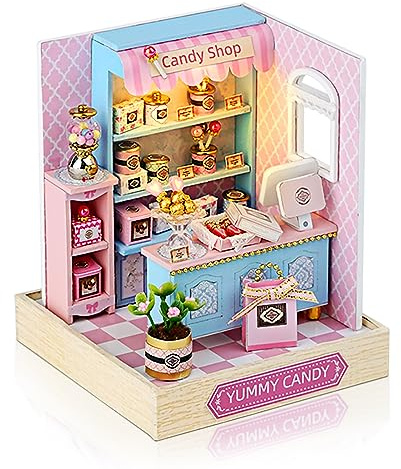 Cuteefun DIY Puppenhaus Miniatur mit Staubschutzhaube & LED Licht | Miniatur Puppenhaus zum Selber Bauen, Kreatives Handwerk & Dekoration, für Geburtstag Weihnachten (Leckere Süßigkeiten)