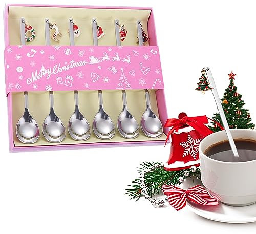 Cucchiaini da Caffè di Natale,6 Pcs Lunghi Cucchiai in Acciaio Inox con Pendenti Natalizi Posate Decorazione da Tavola,Piccoli Cucchiaio Natalizio da Zucchero Tè Torta,con Confezione Regalo (Argento)