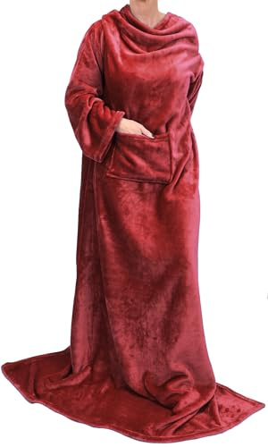 Catalonia Classy Portable Blanket with Sleeves Gift for Adult Women Men, Extra Soft Warm Cosy Micro Plush Lightweight Fleece Snug Body Blanket, TV Wrap Throw Blanket with Pocket,Wine