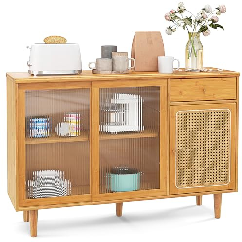 TANGZON Buffet Storage Cabinet, Bamboo Sideboard with Tempered Glass Sliding Doors, Rattan Door & Drawer, Boho Cupboard Shelving Unit for Home Kitchen Dining Living Room