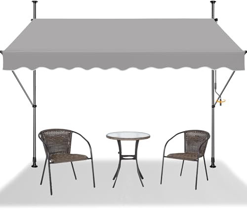 SUBTLETY Tenda da sole allungabile, larghezza 350 cm, per balcone, tenda da sole regolabile in altezza con manovella, resistente ai raggi UV e alle intemperie, senza fori, per esterni (grigio chiaro)
