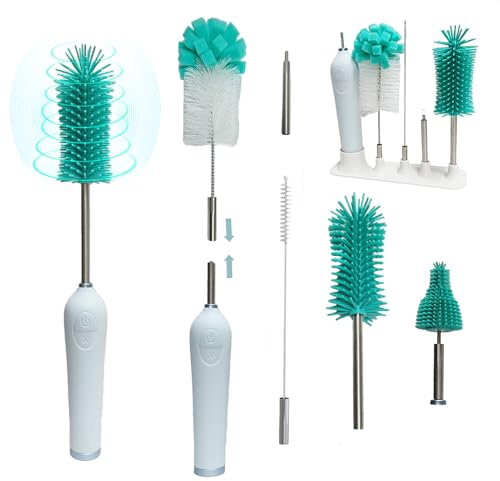 WHNL Electric Baby Bottle Brush With Holder, Stainless Steel Automatic Cleaner With Extension Handle, Sponge, Silicone Water Cleaner, Nipple and Straw Brush - Green