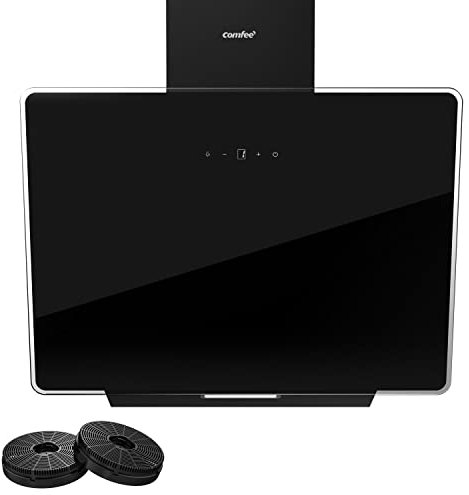 COMFEE' ANGJ64B-60 Hotte aspirante inclinée 60 cm en Verre Trempé, 3 Niveaux de Vitesse, Écran Tactile LED, Recycle interne ou Évacuation extérieure, 60 cm - Noir