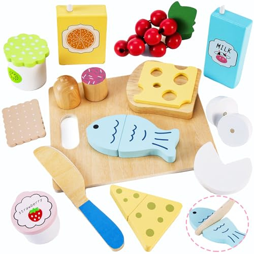 Chinloca Wooden Food Toys, Toy Food for Toddlers 3+ Year Old, Play Food Sets for Children Kitchen, Wooden Breakfast Snack Kitchen Toys, Pretend Role-Play Educational Toys 3+