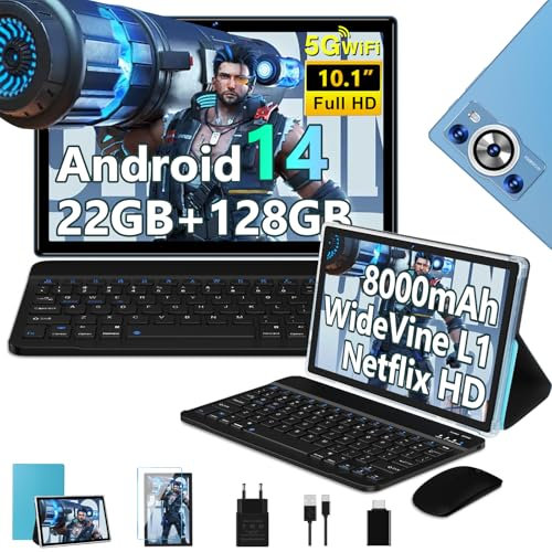 2026 Newest Tablet 10 Pulgadas Android 14, 22GB RAM+128GB ROM/TF 2TB, 8-Core 2.0 GHz, 8000mAh, 5G WiFi, Widevine L1, GMS Certificado, Bluetooth 5.0, Widgets, Tablet con Funda, Teclado y Ratón - Azul