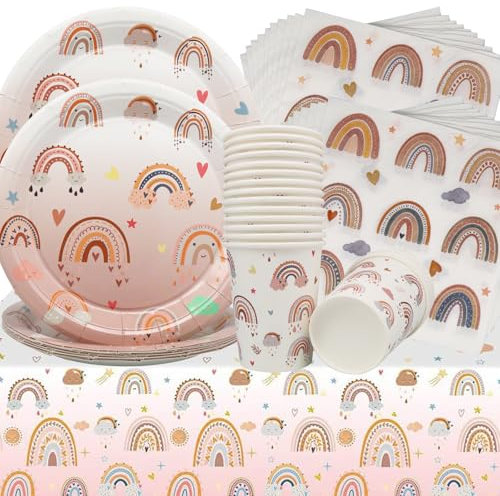 Doyomtoy Vaisselle arc-en-ciel Bohème,61pcs Paper Tableware Set Includes Tablecloth Plates Cups Napkins,Service de table arc-en-ciel de Bohème,Boho Stoviglie per Feste di Compleanno
