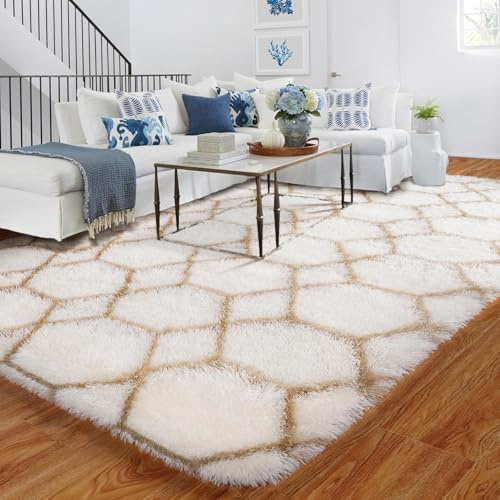 BYBSRLL Hochflor Teppich Weiss und Beige Teppiche Schlafzimmer 150x210 Großer Geometrisch Antirutsch Waschbare Weich Flauschig Wohnzimmer Teppich Kinderzimmer Mädchen Jungen, Langflor Bettvorleger