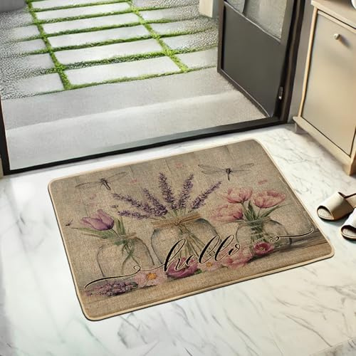 Zerbino con motivo floreale primaverile, lavanda e fiori di pesco, per ingresso esterno e interno, stile shabby chic, in gomma, impermeabile, antiscivolo, assorbe la polvere, facile da pulire, 73 x 43