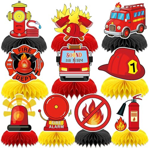 DTOFOOT 10 Stück Feuerwehr Party Deko, Tischdeko Feuerwehrauto Bienenwabe Mittelstücke Dekoration Kinder für Geburtstagsparty Mottoparty Kindergeburtstag Partygeschenke Partyzubehör