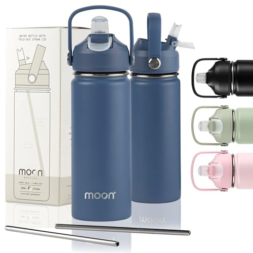 Moon- Bouteille d'eau isotherme- acier inoxydable, gourde thermique, 24 heures de froid, 12 heures de chaud, double paroi, paille en métal, bec en silicone, entreprise britannique (500 ml, bleu)