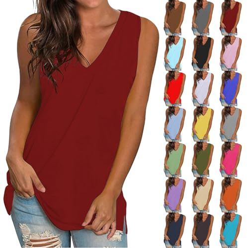 Canotta da donna senza maniche estiva, con scollo a V, blusa elegante, tinta unita, leggera, comoda, casual, t-shirt basic, elegante, per l'estate, marrone, 5XL