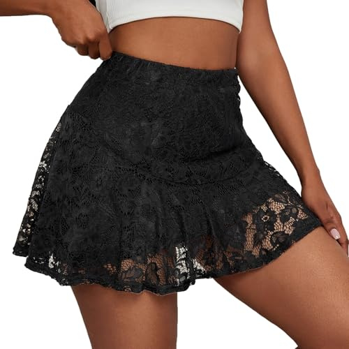 Minigonna sexy da donna, a mezza alta, gonna estiva, cuciture in pizzo, Y2K, casual, linea a tinta unita, chic ed eleganti, balze, sottile, passamontagna confortevole, traspirante e traspirante, Nero