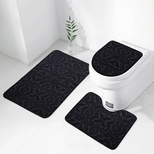 Bonny Home Badezimmerteppich Set, 3-teilig mit WC-Deckelbezug, 100 x 60 cm, Jacquard-Muster, Ultrasoft Gofraj (Schwarz)