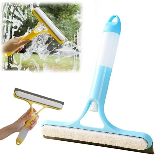 3 in 1 Window Cleaning Scraper, 2025 New All-Purpose Window Cleaner Tool, Squeegee and Scrubber with Spray, for Windows, Walls,Car Windshields, Bathrooms, Kitchens(Blue）