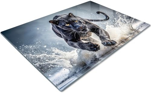 Extra Large Glass Chopping Board | Glass Worktop Savers for Kitchen | Glass Cutting Board | Black Panther Water Jungle Realistic Big Cat Nature Wildlife