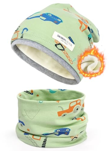 beifon Kinder Beanie Mütze & Loop Schal Set, 95% Baumwolle Mütze Schal Set Mädchen Jungen 2-8 Jahren, Schlauchschal Warme Wintermütze Strickmützen für Herbst Winter Frühling