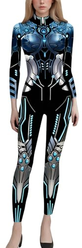 Women's Futuristic Robot 3D Print Full Body Jumpsuit Halloween Costume with Zipper Design #1202B