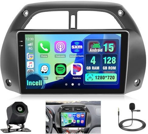 4+128G Android Autoradio med skärm för Toyota RAV4 2001-2006 Trådlös Carplay, Autoradio med Navi 9 Tum Incell skärm Android Auto/FM/RDS/Backkamera