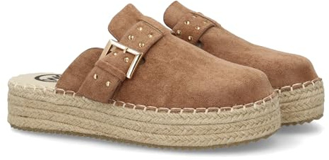 99042 Sandalias tipo zueco de plataforma para mujer, diseno cerrado en la parte delantera, decorado con tachuelas metalicas y hebilla ancha ajustable. Suela plana comoda ideal verano. Kaki Talla 39