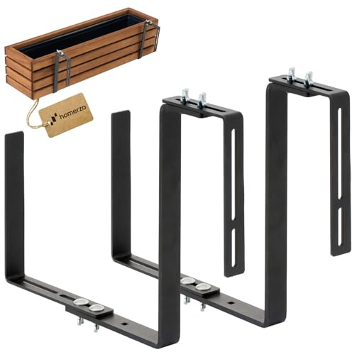 HOMERZO Balkonkastenhalter 2er Set – Extra Stabil (5mm massiv) & Verstellbar (15-24cm) – Massive Blumenkastenhalterung für breite Balkonkästen & Geländer bis 15cm – Schwarz