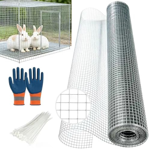 Malla gruesa de alambre galvanizado de 50 cm de alto x 10 m de largo, malla de 6,3 mm de ancho, valla de malla de alambre con 100 bridas, alambre para conejos para bancales altos, alambre de aviario y