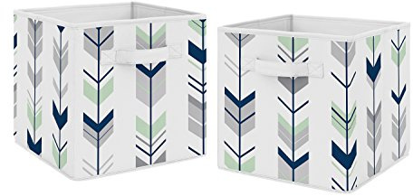 Sweet Jojo Designs Navy Blue and Mint Woodland Mod Arrow Foldable Fabric Storage Cube Bins Boxes Organizer Toys Kids Baby Childrens for Collection Set of 2