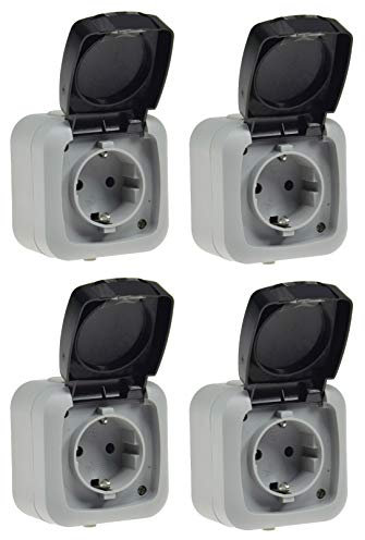 ChiliTec Aufputz Steckdose Feuchtraum 4 Stück IP44 mit Klappdeckel 250V 16A FederAutomatik Schutzkontakt-Steckdose für Innen Aussen Grau