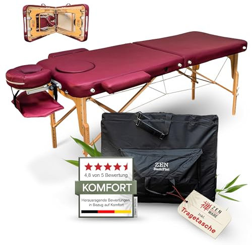 ZEN BASIC III Massageliege klappbar & mobile Massagetisch aus Holz, stabile Massagebett - Massagebank höhenverstelbar, Tattoo & Kosmetikliege, Behandlungsliege mit Kopfteil, Armstütze & Tasche Weinrot