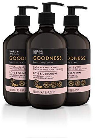 Baylis & Harding Goodness Rose & Geranium Natural Hand Wash, 500 ml (Pack of 3) - Vegan Friendly