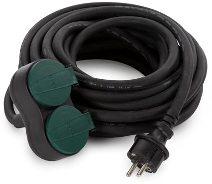 Perel Verlängerungskabel, Verlängerung, Steckdose, Verlängerungskabel außen, IP44, Haushaltsverlängerung mit 2 Steckdosen, Verlängerungskabel, Schuko, H07RN 3G2.5, PVC, Gummi, 10 m, Schwarz