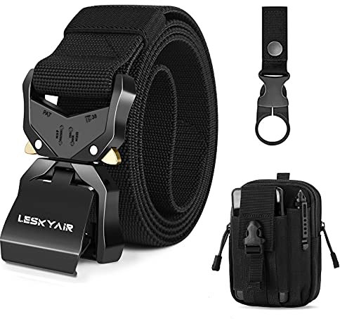 Leskyair Cinturón Táctico para Hombres 1.5 pulgadas, estilo militar - Cinturón de trabajo con Hebilla de Metal liberación rápido, Regalo con Bolsa Táctica Molle y Soporte para Botella