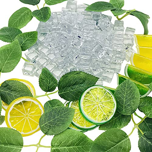 NA Woohome 122 Stück Künstliche Acryl Eiswürfel, Acryl Eiswürfel Plastikeiswürfel Deko und Künstliche Limetten, Simulations Blätter für Fotografie Requisiten, Haus und Küchenhochzeits Dekore