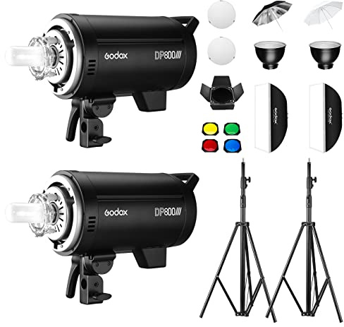 Godox 2Pack DP800III Speedlite Studio Flash Strobe Monolight Bowens Mount Kit for Studio Photography Shooting,Portrait or Video Location with Light Stand,Softbox,Umbrella,Barn Door Kit...