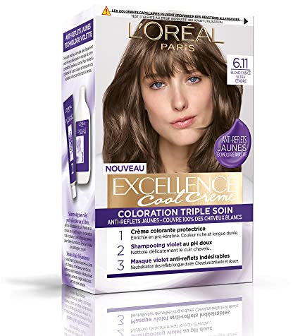 L'ORÉAL PARIS - Tinte permanente para el cabello, triple cuidado, antideslumbrante, amarillo, cubre 100% canas – Excellence Cool Cream – Nuance: rubio oscuro ultra ceniza (6.11)