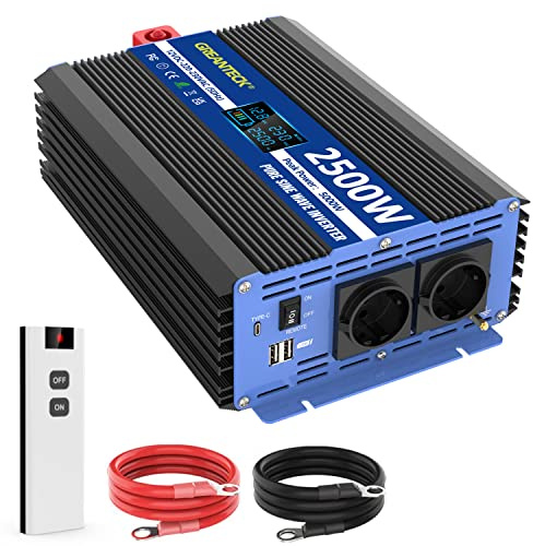 Convertisseur 12V 220V Pur Sinus 2500W Onduleur à Onde Sinusoïdale Pure 2500 Watt Transformateur avec Télécommande écran LCD Prises EU Ports USB Port de Type-C Bornes de Connexion pour Système Solaire