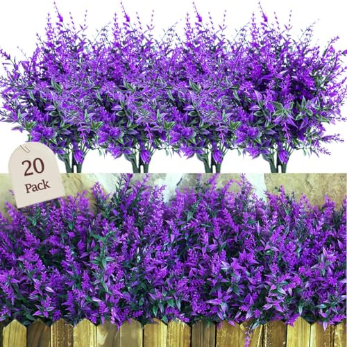 Sredumn 20 Bundles Artificial Flowers, artificial plants outdoor,UV Resistant Plastic Shrub Fake Flowers, for outside, garden, hanging, basket, fence, window, trellis decoration(Purple)